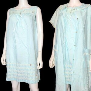 KATZ Coat & Shift Set Vintage 60s Nightgown Womens Small Robe Blue Lace Flowers